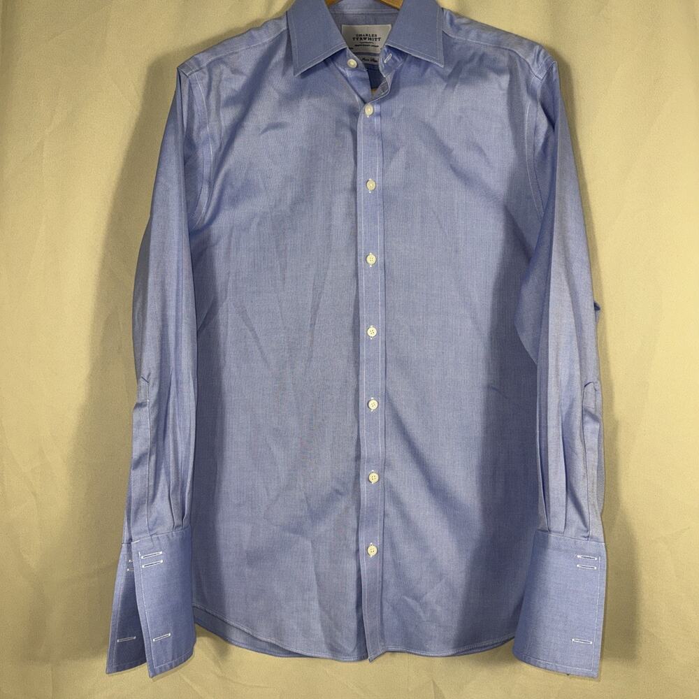 Charles Tyrwhitt Mens 16.5 33 Slim Fit Blue Non Iron Cotton French Cuff Shirt